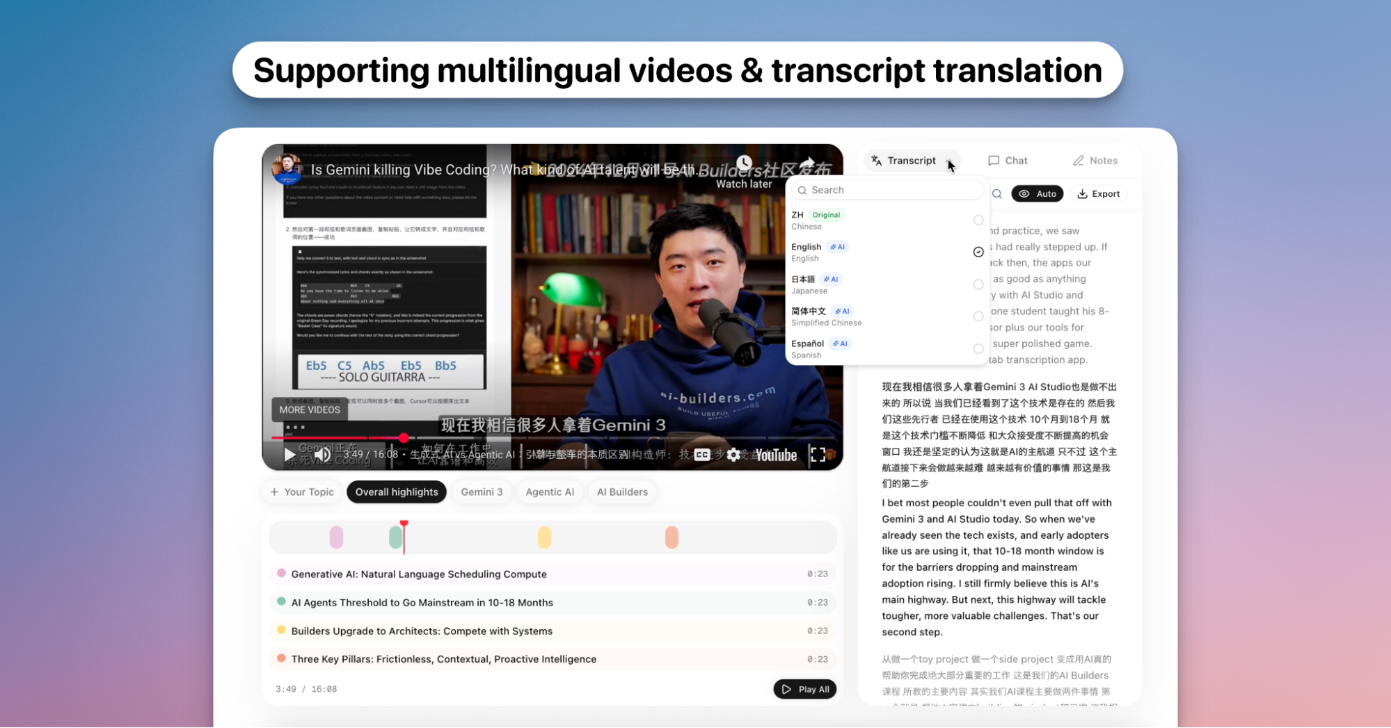 Multilingual videos and transcript translation feature